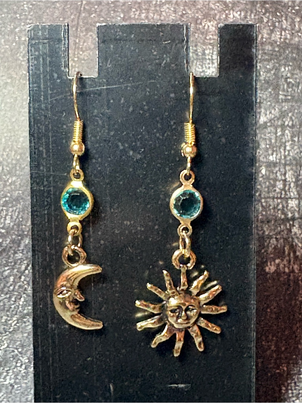 Gold Sun & Moon Drop Earrings with Teal crystal Stones - Women Jewelry